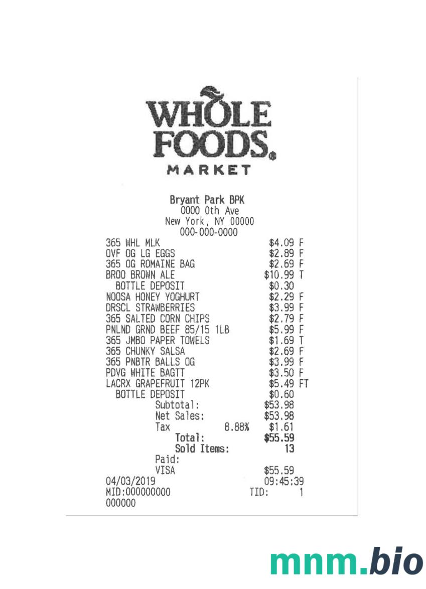 Whole Foods przykładowy czek płatniczy PSD